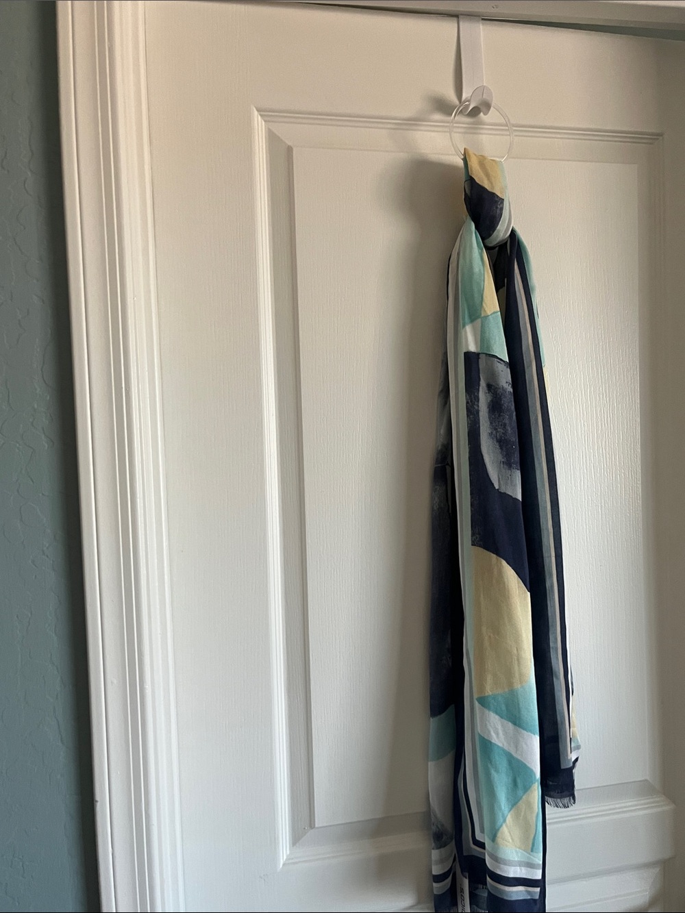 Chico's Geometric Wrap Scarf in Navy, Teal & Cream